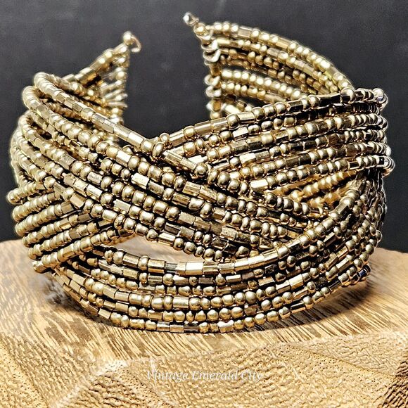 Vtg Metallic Bronze Gold Y2K 90s Striped Pretzel Memory Wire Cuff Bead Bracelet - Picture 1 of 12